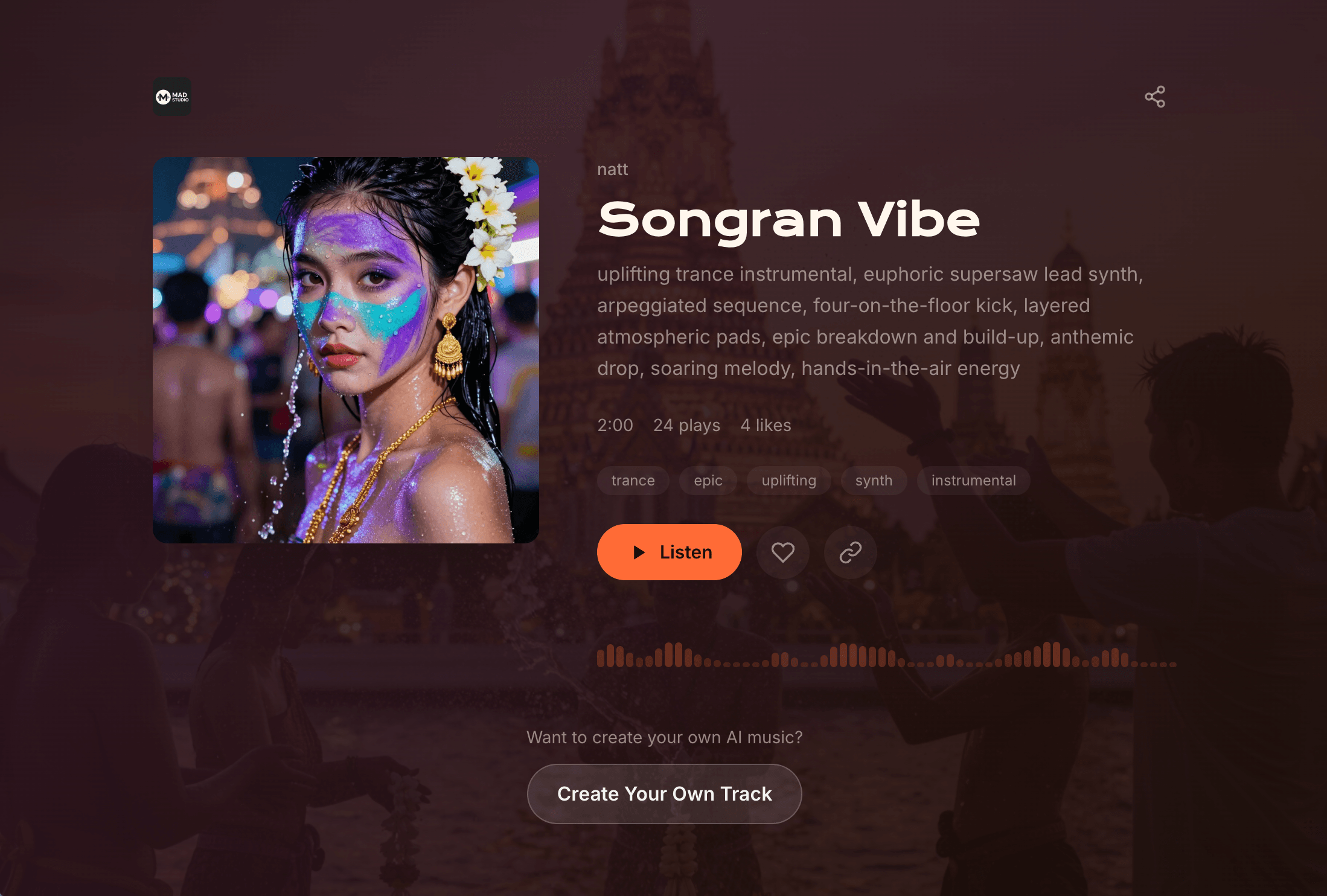 Public share page with custom logo, theme, bio, and social links applied