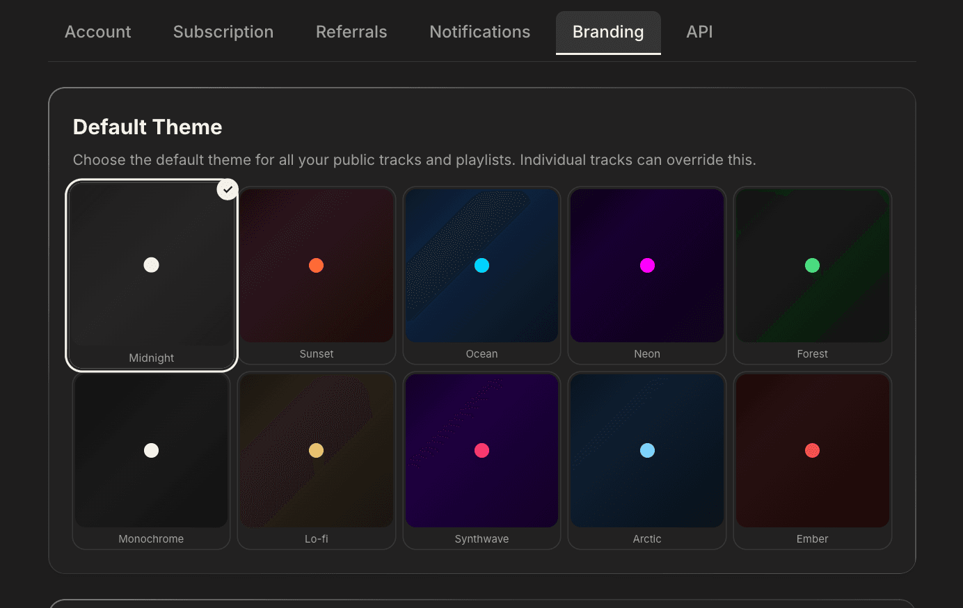 Theme preset picker modal showing the 10 available themes